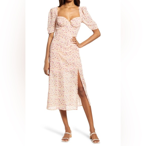 Astr Dresses & Skirts - ASTR Floral Milkmaid Midi Dress Light Pink with Slit Size Small